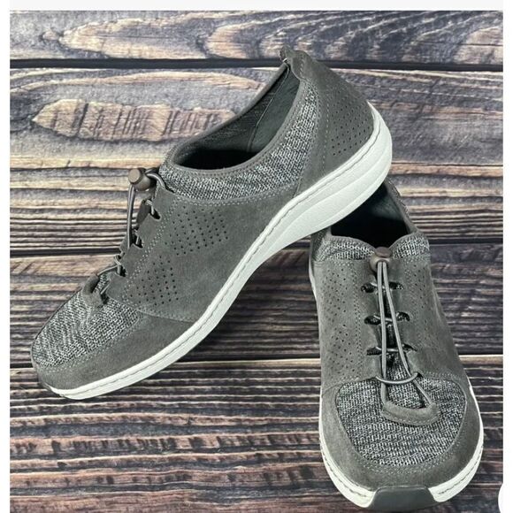 AETREX Gray Leather Cloth Bungie Lace Sneakers Comfort Orthotic Women’s size 5 - Picture 1 of 6